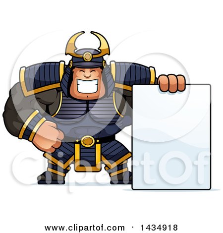 Clipart of a Cartoon Buff Muscular Samurai Warrior with a Blank Sign - Royalty Free Vector Illustration by Cory Thoman