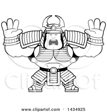 Clipart of a Cartoon Black and White Lineart Scared Buff Muscular Samurai Warrior Holding His Hands up - Royalty Free Vector Illustration by Cory Thoman