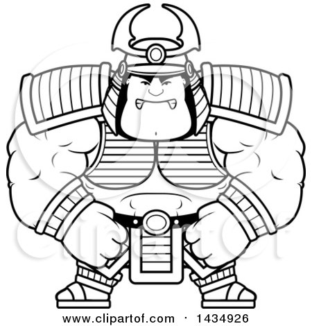 Clipart of a Cartoon Black and White Lineart Mad Buff Muscular Samurai Warrior - Royalty Free Vector Illustration by Cory Thoman