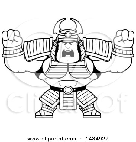 Clipart of a Cartoon Black and White Lineart Buff Muscular Samurai Warrior Holding His Fists up in Balls of Rage - Royalty Free Vector Illustration by Cory Thoman