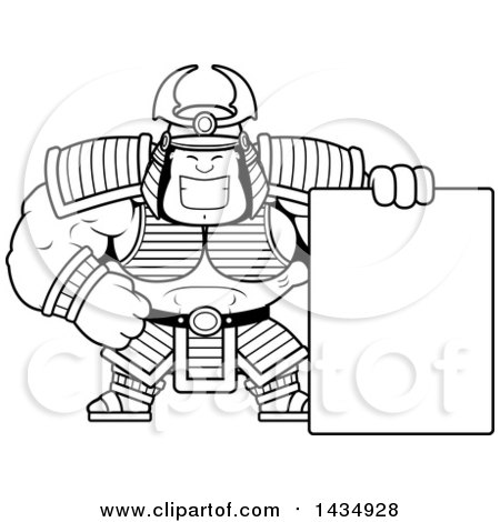 Clipart of a Cartoon Black and White Lineart Buff Muscular Samurai Warrior with a Blank Sign - Royalty Free Vector Illustration by Cory Thoman