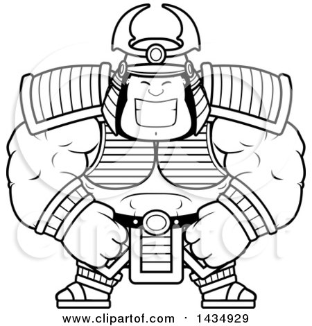 Clipart of a Cartoon Black and White Lineart Happy Buff Muscular Samurai Warrior - Royalty Free Vector Illustration by Cory Thoman