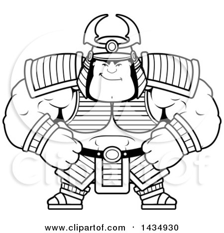 Clipart of a Cartoon Black and White Lineart Smug Buff Muscular Samurai Warrior - Royalty Free Vector Illustration by Cory Thoman