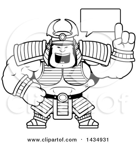 Clipart of a Cartoon Black and White Lineart Buff Muscular Samurai Warrior Holding up a Finger and Talking - Royalty Free Vector Illustration by Cory Thoman
