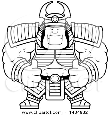 Clipart of a Cartoon Black and White Lineart Buff Muscular Samurai Warrior Giving Two Thumbs up - Royalty Free Vector Illustration by Cory Thoman
