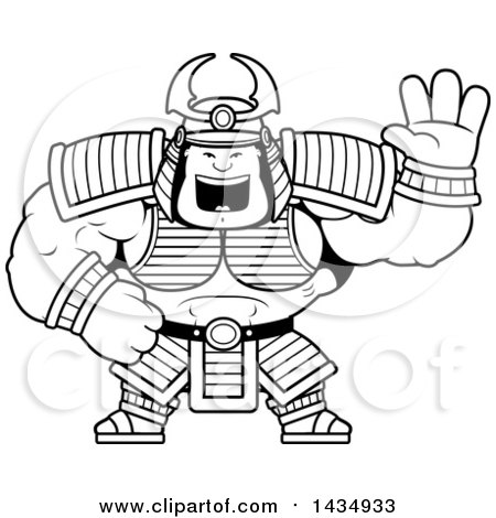Clipart of a Cartoon Black and White Lineart Buff Muscular Samurai Warrior Waving - Royalty Free Vector Illustration by Cory Thoman