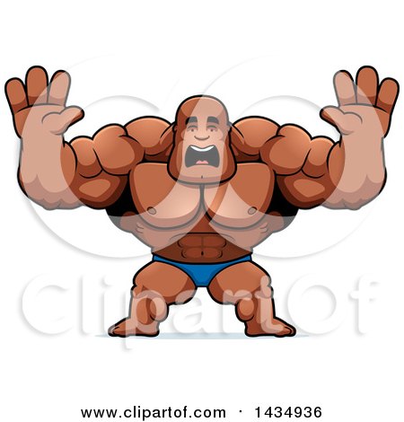 Clipart of a Cartoon Scared Buff Muscular Black Bodybuilder in a Posing Trunk, Holding His Hands up - Royalty Free Vector Illustration by Cory Thoman
