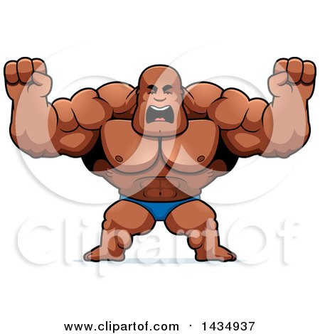 Clipart of a Cartoon Buff Muscular Black Bodybuilder in a Posing Trunk, Holding His Fists up in Balls of Rage - Royalty Free Vector Illustration by Cory Thoman