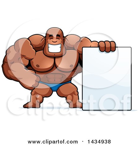 Clipart of a Cartoon Buff Muscular Black Bodybuilder in a Posing Trunk, with a Blank Sign - Royalty Free Vector Illustration by Cory Thoman