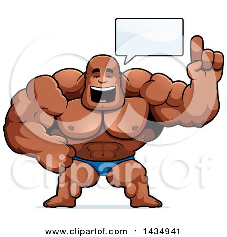 Clipart of a Cartoon Buff Muscular Black Bodybuilder in a Posing Trunk Holding up a Finger and Talking - Royalty Free Vector Illustration by Cory Thoman