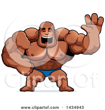 Clipart of a Cartoon Buff Muscular Black Bodybuilder in a Posing Trunk Waving - Royalty Free Vector Illustration by Cory Thoman
