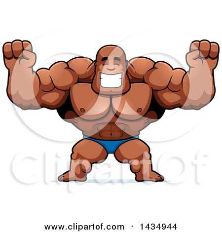 Clipart of a Cartoon Cheering Buff Muscular Black Bodybuilder in a Posing Trunk - Royalty Free Vector Illustration by Cory Thoman