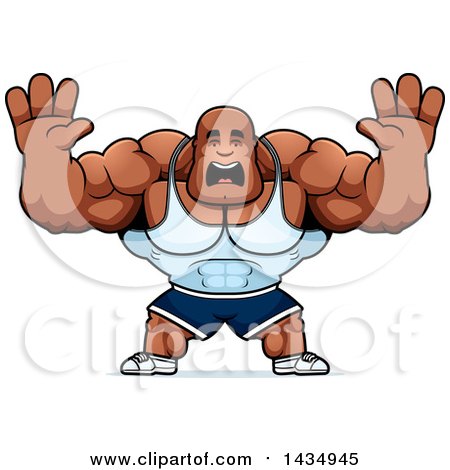 Clipart of a Cartoon Scared Buff Muscular Black Bodybuilder Holding His Hands up - Royalty Free Vector Illustration by Cory Thoman