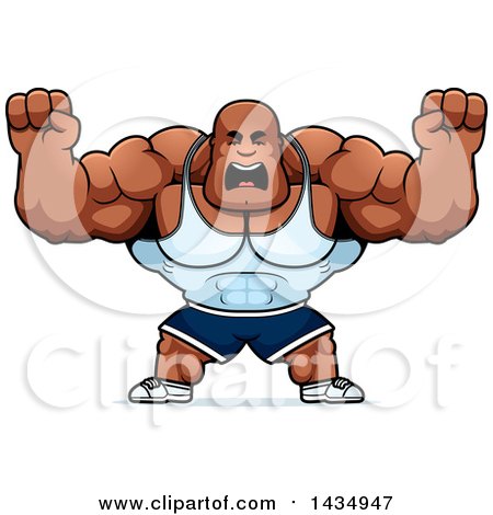 Clipart of a Cartoon Buff Muscular Black Bodybuilder Holding His Fists up in Balls of Rage - Royalty Free Vector Illustration by Cory Thoman