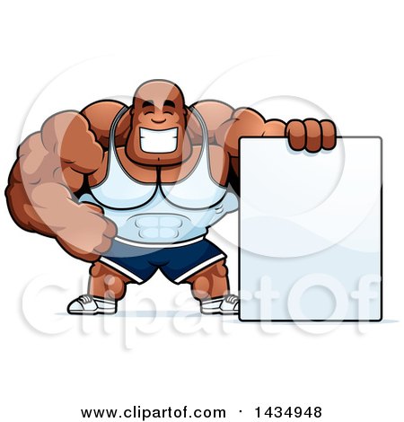 Clipart of a Cartoon Buff Muscular Black Bodybuilder with a Blank Sign - Royalty Free Vector Illustration by Cory Thoman