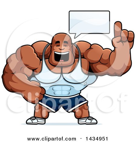Clipart of a Cartoon Buff Muscular Black Bodybuilder Holding up a Finger and Talking - Royalty Free Vector Illustration by Cory Thoman
