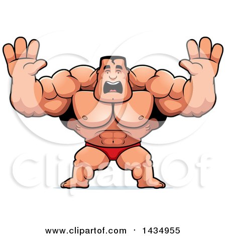 Clipart of a Cartoon Buff Muscular Beefcake Bodybuilder Competitor Holding His Hands up and Screaming - Royalty Free Vector Illustration by Cory Thoman