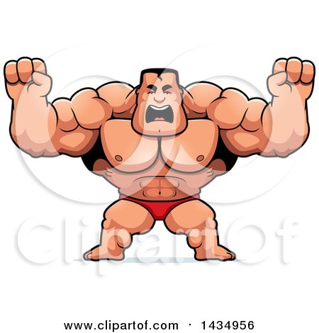 Clipart of a Cartoon Buff Muscular Beefcake Bodybuilder Competitor Holding His Fists in Balls of Rage - Royalty Free Vector Illustration by Cory Thoman
