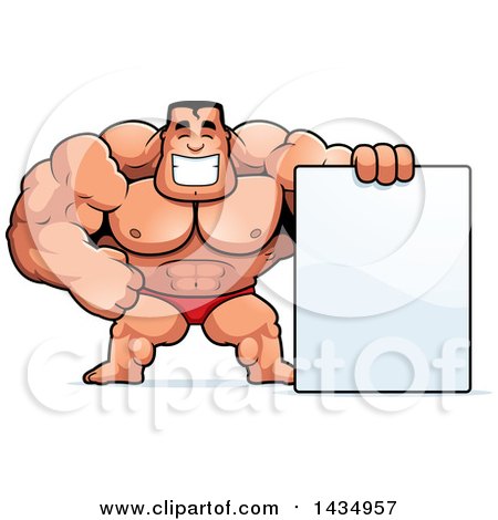 Clipart of a Cartoon Buff Muscular Beefcake Bodybuilder Competitor with a Blank Sign - Royalty Free Vector Illustration by Cory Thoman