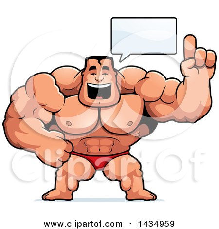 Clipart of a Cartoon Buff Muscular Beefcake Bodybuilder Competitor Talking - Royalty Free Vector Illustration by Cory Thoman