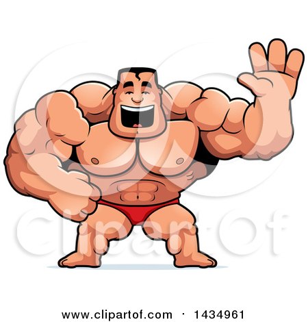 Clipart of a Cartoon Buff Muscular Beefcake Bodybuilder Competitor Waving - Royalty Free Vector Illustration by Cory Thoman