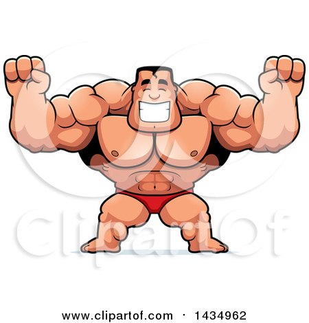 Clipart of a Cartoon Buff Muscular Beefcake Bodybuilder Competitor Cheering or Flexing - Royalty Free Vector Illustration by Cory Thoman