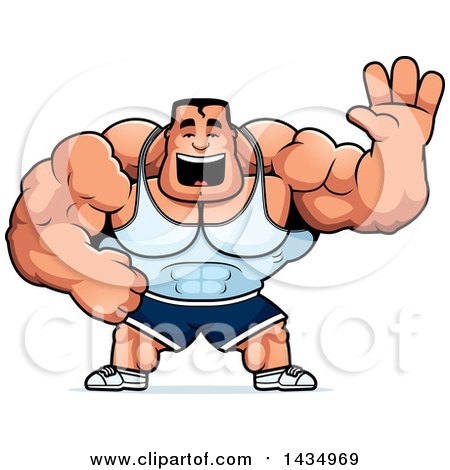 Clipart of a Cartoon Buff Beefcake Muscular Bodybuilder Waving - Royalty Free Vector Illustration by Cory Thoman