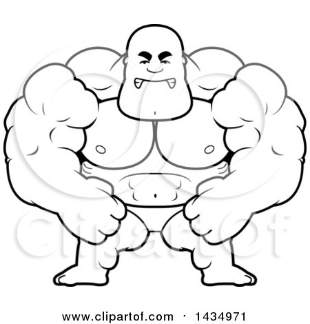 Clipart of a Cartoon Black and White Lineart Mad Buff Muscular Black Bodybuilder Flexing in a Posing Trunk - Royalty Free Vector Illustration by Cory Thoman