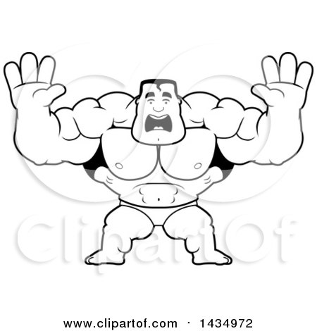 Clipart of a Cartoon Black and White Lineart Buff Muscular Beefcake Bodybuilder Competitor Holding His Hands up and Screaming - Royalty Free Vector Illustration by Cory Thoman