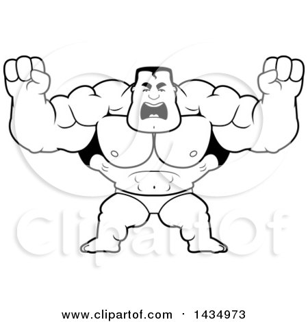 Clipart of a Cartoon Black and White Lineart Buff Muscular Beefcake Bodybuilder Competitor Holding His Fists in Balls of Rage - Royalty Free Vector Illustration by Cory Thoman