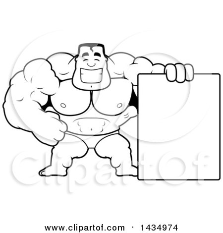 Clipart of a Cartoon Black and White Lineart Buff Muscular Beefcake Bodybuilder Competitor with a Blank Sign - Royalty Free Vector Illustration by Cory Thoman