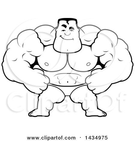 Clipart of a Cartoon Black and White Lineart Smug Buff Muscular Beefcake Bodybuilder Competitor - Royalty Free Vector Illustration by Cory Thoman