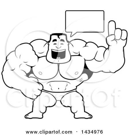 Clipart of a Cartoon Black and White Lineart Buff Muscular Beefcake Bodybuilder Competitor Talking - Royalty Free Vector Illustration by Cory Thoman