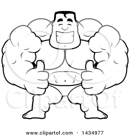 Clipart of a Cartoon Black and White Lineart Buff Muscular Beefcake Bodybuilder Competitor Giving Two Thumbs up - Royalty Free Vector Illustration by Cory Thoman