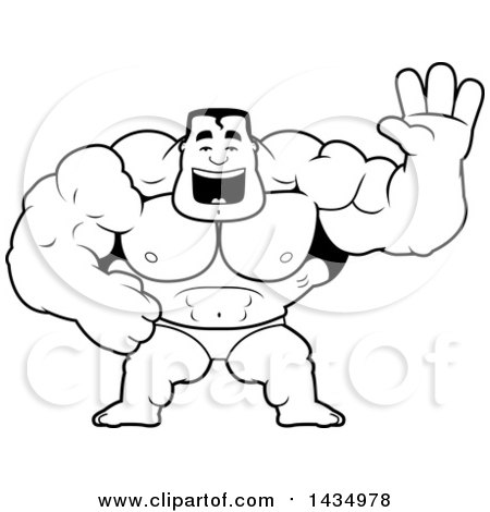 Clipart of a Cartoon Black and White Lineart Buff Muscular Beefcake Bodybuilder Competitor Waving - Royalty Free Vector Illustration by Cory Thoman