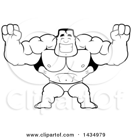 Clipart of a Cartoon Black and White Lineart Buff Muscular Beefcake Bodybuilder Competitor Cheering or Flexing - Royalty Free Vector Illustration by Cory Thoman