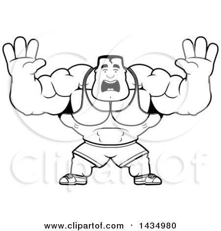 Clipart of a Cartoon Black and White Lineart Buff Beefcake Muscular Bodybuilder Holding His Hands up and Screaming - Royalty Free Vector Illustration by Cory Thoman