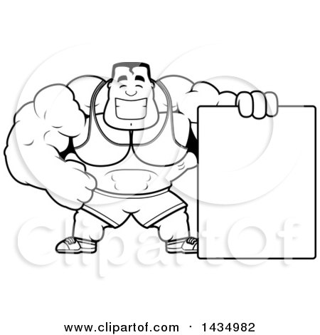 Clipart of a Cartoon Black and White Lineart Buff Beefcake Muscular Bodybuilder with a Blank Sign - Royalty Free Vector Illustration by Cory Thoman