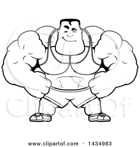 Clipart of a Cartoon Black and White Lineart Smug Buff Beefcake Muscular Bodybuilder - Royalty Free Vector Illustration by Cory Thoman