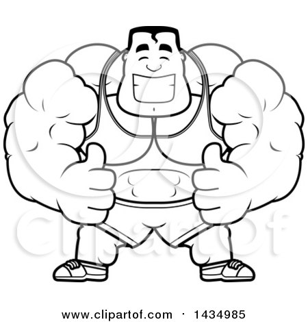 Clipart of a Cartoon Black and White Lineart Buff Beefcake Muscular Bodybuilder Giving Two Thumbs up - Royalty Free Vector Illustration by Cory Thoman