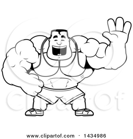 Clipart of a Cartoon Black and White Lineart Buff Beefcake Muscular Bodybuilder Waving - Royalty Free Vector Illustration by Cory Thoman
