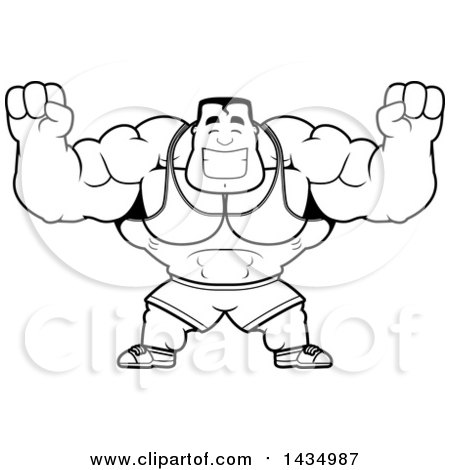 Clipart of a Cartoon Black and White Lineart Buff Beefcake Muscular Bodybuilder Cheering - Royalty Free Vector Illustration by Cory Thoman