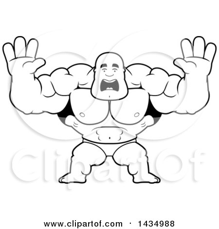 Clipart of a Cartoon Black and White Lineart Scared Buff Muscular Black Bodybuilder in a Posing Trunk, Holding His Hands up - Royalty Free Vector Illustration by Cory Thoman