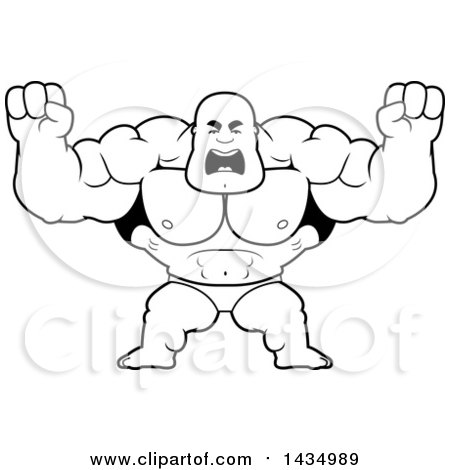 Clipart of a Cartoon Black and White Lineart Buff Muscular Black Bodybuilder in a Posing Trunk, Holding His Fists up in Balls of Rage - Royalty Free Vector Illustration by Cory Thoman
