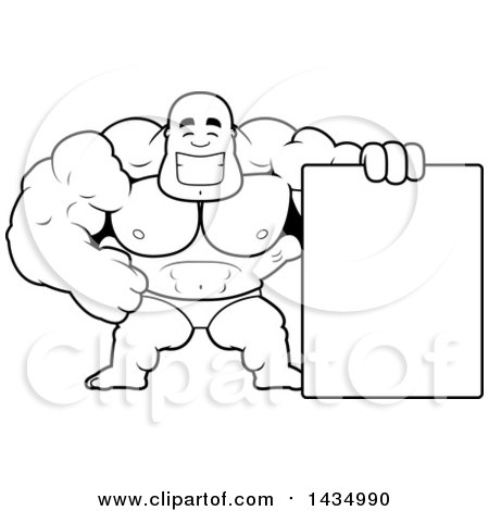 Clipart of a Cartoon Black and White Lineart Buff Muscular Black Bodybuilder in a Posing Trunk, with a Blank Sign - Royalty Free Vector Illustration by Cory Thoman