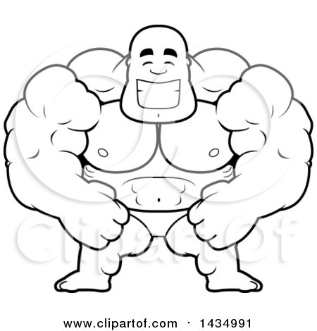 Clipart of a Cartoon Black and White Lineart Happy Buff Muscular Black Bodybuilder in a Posing Trunk - Royalty Free Vector Illustration by Cory Thoman