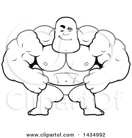 Clipart of a Cartoon Black and White Lineart Smug Buff Muscular Black Bodybuilder in a Posing Trunk - Royalty Free Vector Illustration by Cory Thoman