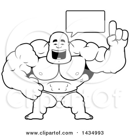 Clipart of a Cartoon Black and White Lineart Buff Muscular Black Bodybuilder in a Posing Trunk Holding up a Finger and Talking - Royalty Free Vector Illustration by Cory Thoman