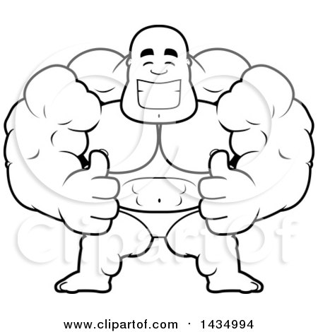 Clipart of a Cartoon Black and White Lineart Buff Muscular Black Bodybuilder in a Posing Trunk, Giving Two Thumbs up - Royalty Free Vector Illustration by Cory Thoman