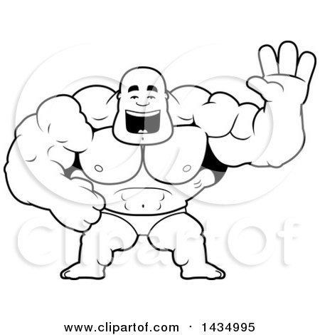 Clipart of a Cartoon Black and White Lineart Buff Muscular Black Bodybuilder in a Posing Trunk Waving - Royalty Free Vector Illustration by Cory Thoman